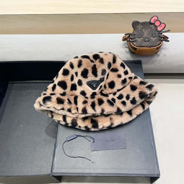 Prada Beige Suede Leopard-Trim Bucket Hat 2