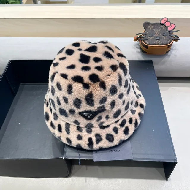 Prada Beige Suede Leopard-Trim Bucket Hat 4