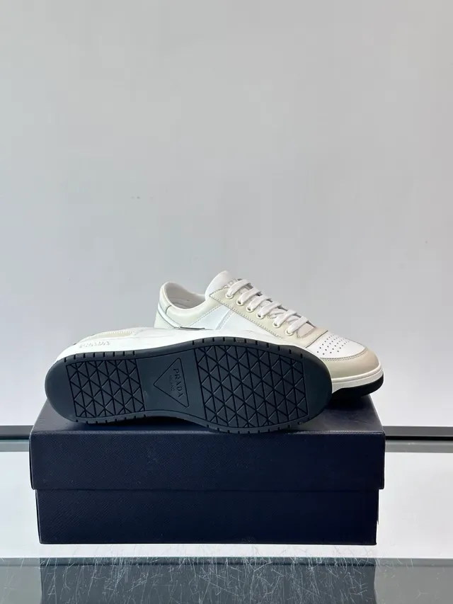Prada Beige White Two-Tone Leather Perforated Toe Lifestyle Sneakers 2