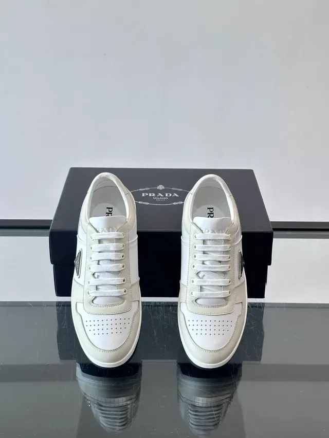 Prada Beige White Two-Tone Leather Perforated Toe Lifestyle Sneakers 4