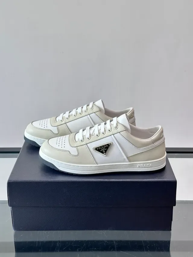 Prada Beige White Two-Tone Leather Perforated Toe Lifestyle Sneakers 5