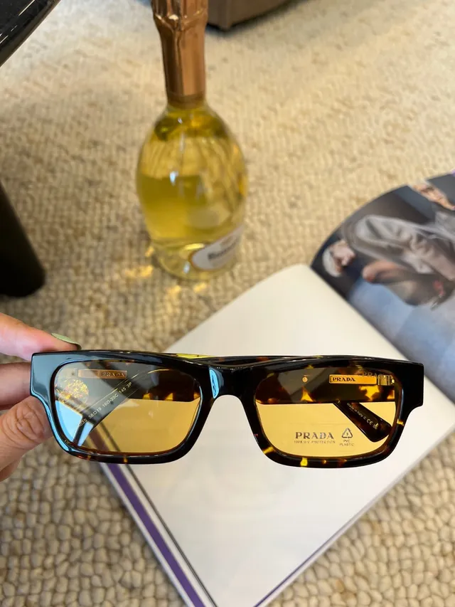 Prada Black Brown Rectangular Acetate Frame Tortoiseshell Temples Sunglasses 6