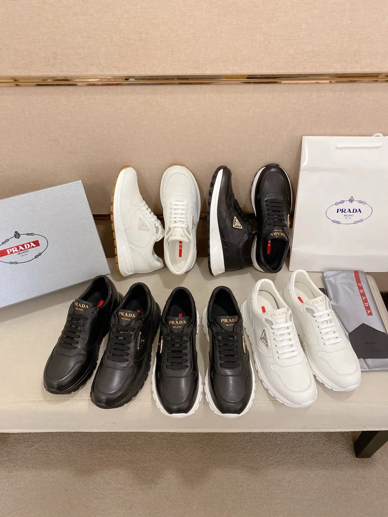 Prada Black Gold Leather And Perforated Upper Triangular Logo Chunky Sneakers 2