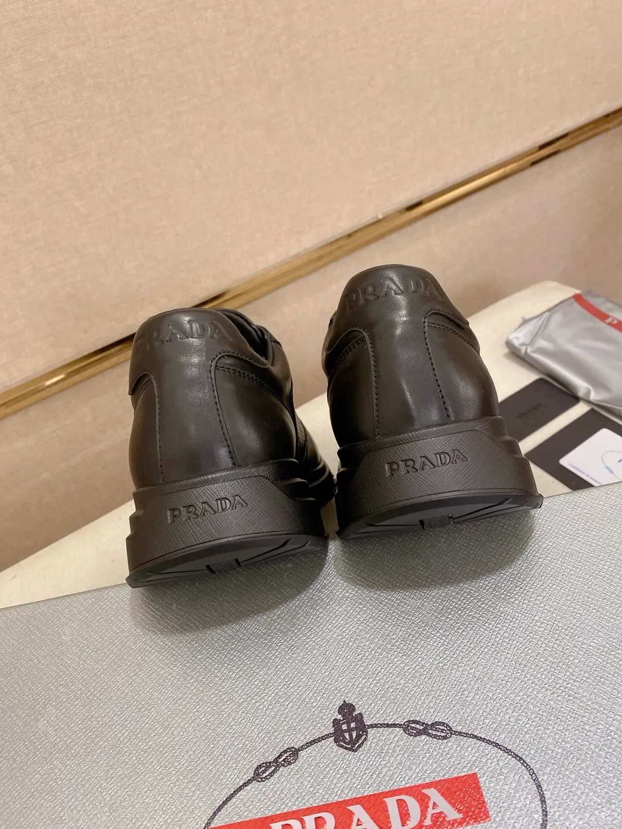 Prada Black Gold Leather And Perforated Upper Triangular Logo Chunky Sneakers 4