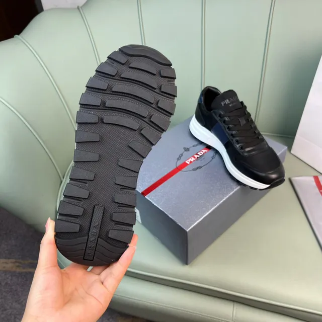 Prada Black Navy Leather And Nylon Upper Side Stripe Lifestyle Sneakers 2