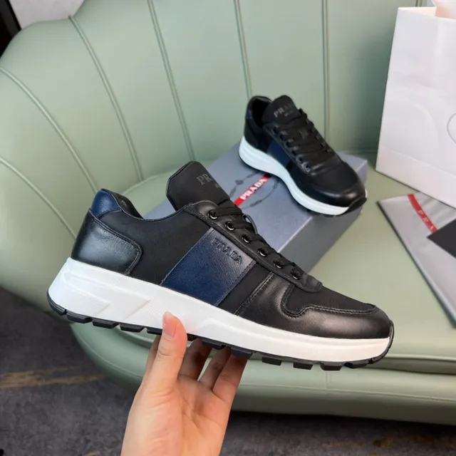 Prada Black Navy Leather And Nylon Upper Side Stripe Lifestyle Sneakers 4