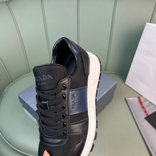 Prada Black Navy Leather And Nylon Upper Side Stripe Lifestyle Sneakers 5