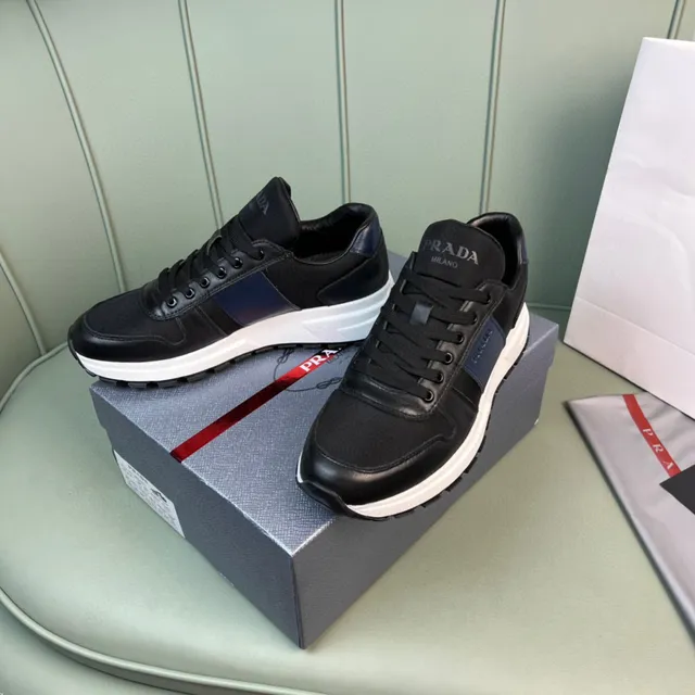 Prada Black Navy Leather And Nylon Upper Side Stripe Lifestyle Sneakers 8