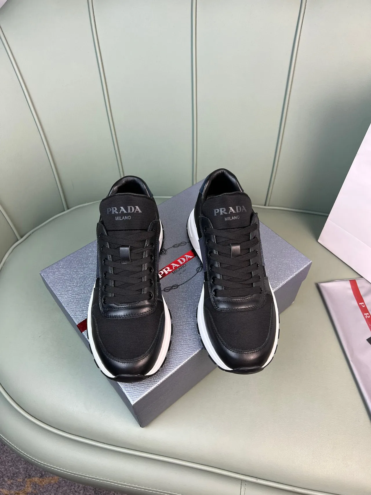 Prada Black Navy Leather And Nylon Upper Side Stripe Lifestyle Sneakers 9