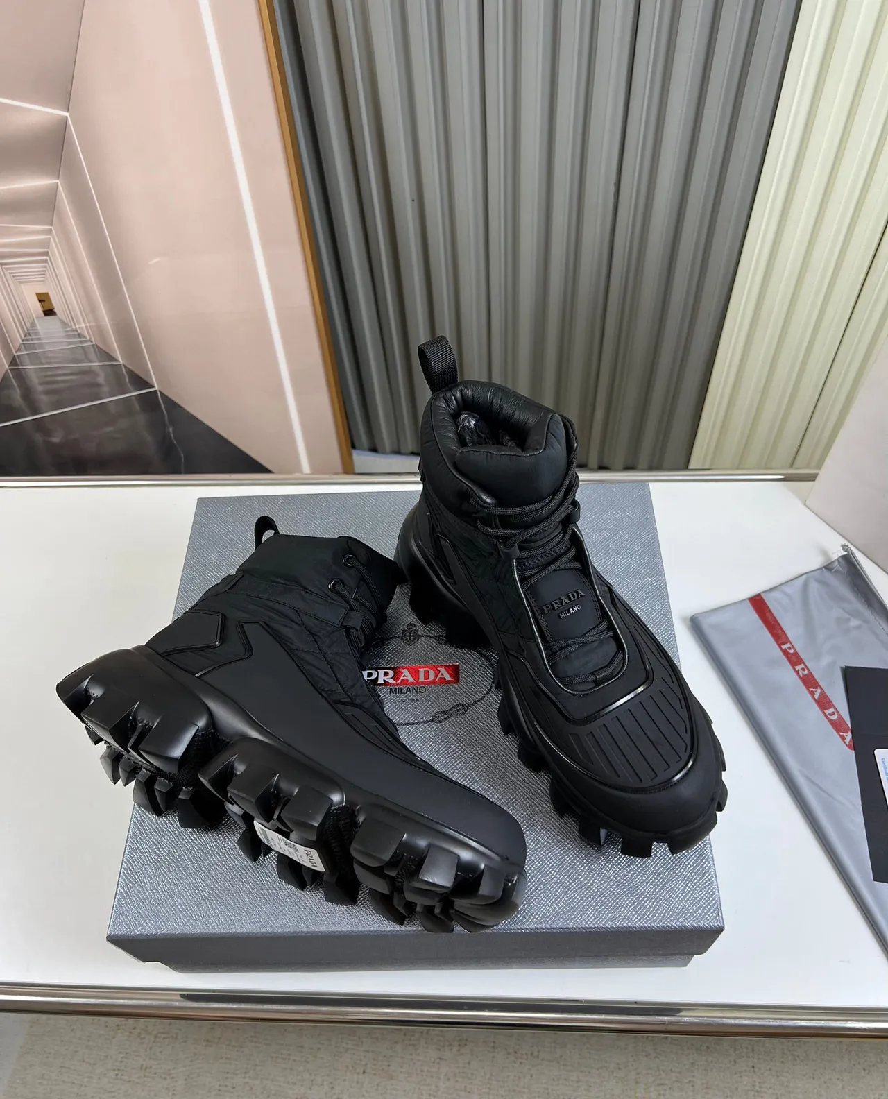 Prada Black Quilted Nylon Upper Chunky Lug Sole Work Boots 5