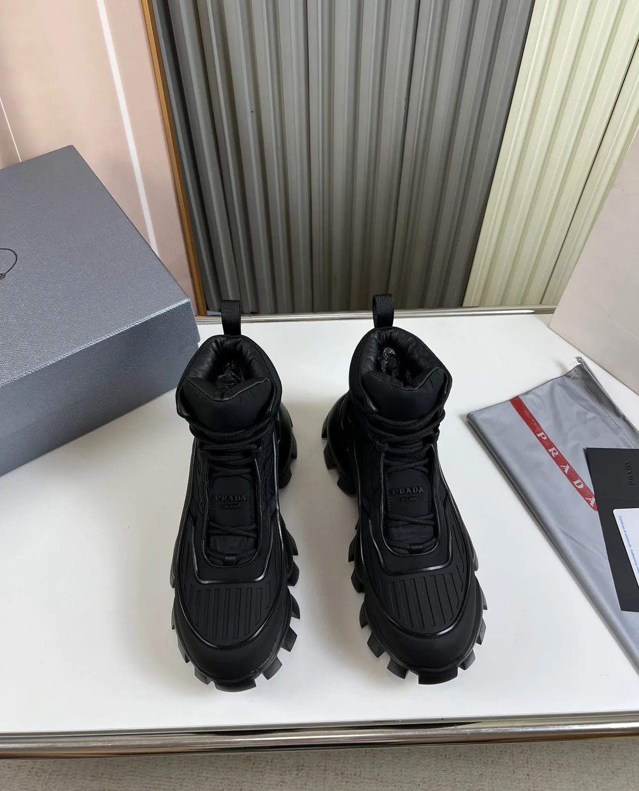 Prada Black Quilted Nylon Upper Chunky Lug Sole Work Boots 6