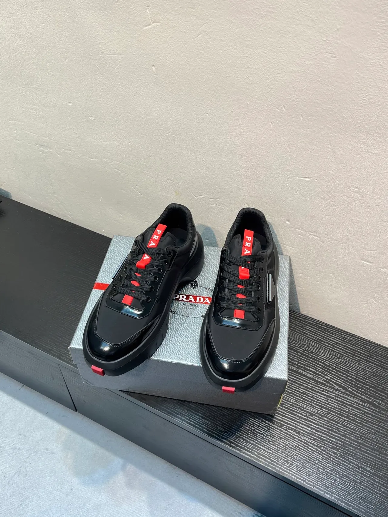 Prada Black Red Chunky Platform Sole Glossy Leather Lifestyle Sneakers 2
