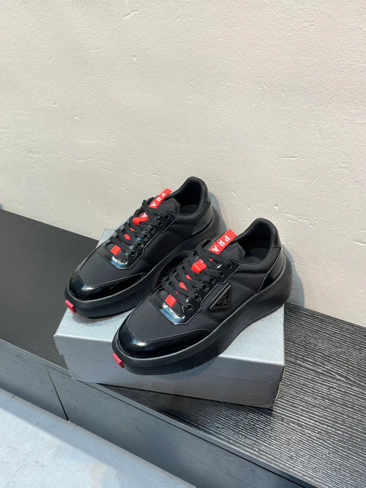 Prada Black Red Chunky Platform Sole Glossy Leather Lifestyle Sneakers 3