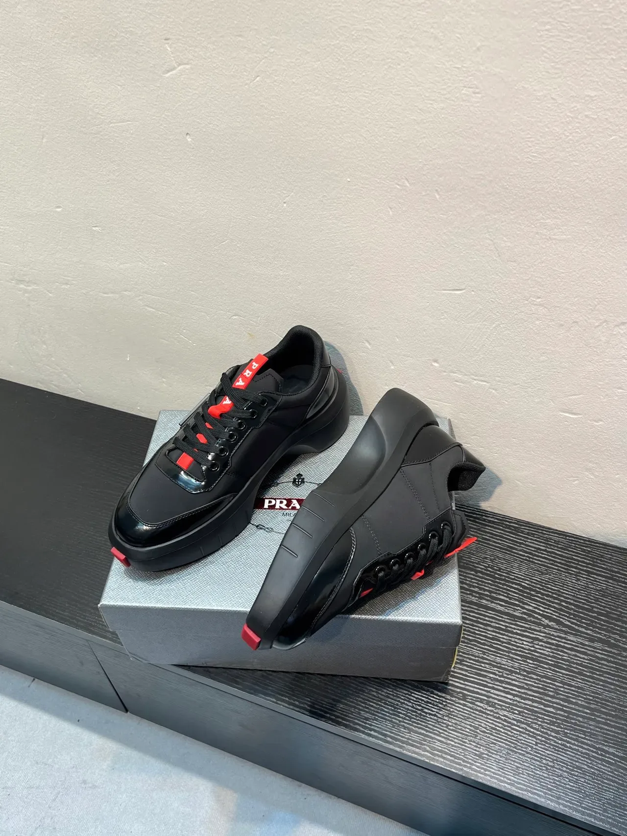 Prada Black Red Chunky Platform Sole Glossy Leather Lifestyle Sneakers 4