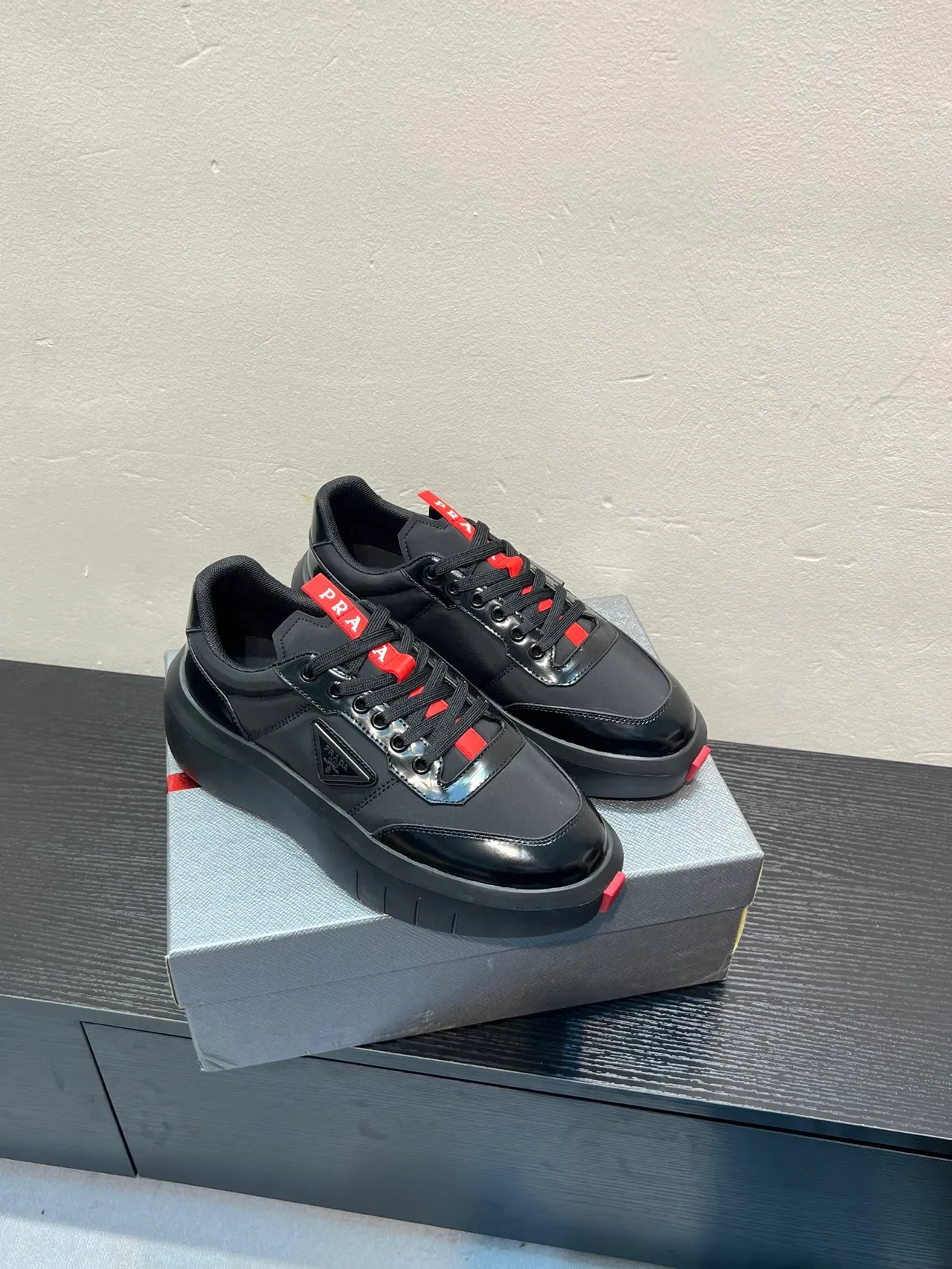 Prada Black Red Chunky Platform Sole Glossy Leather Lifestyle Sneakers 5