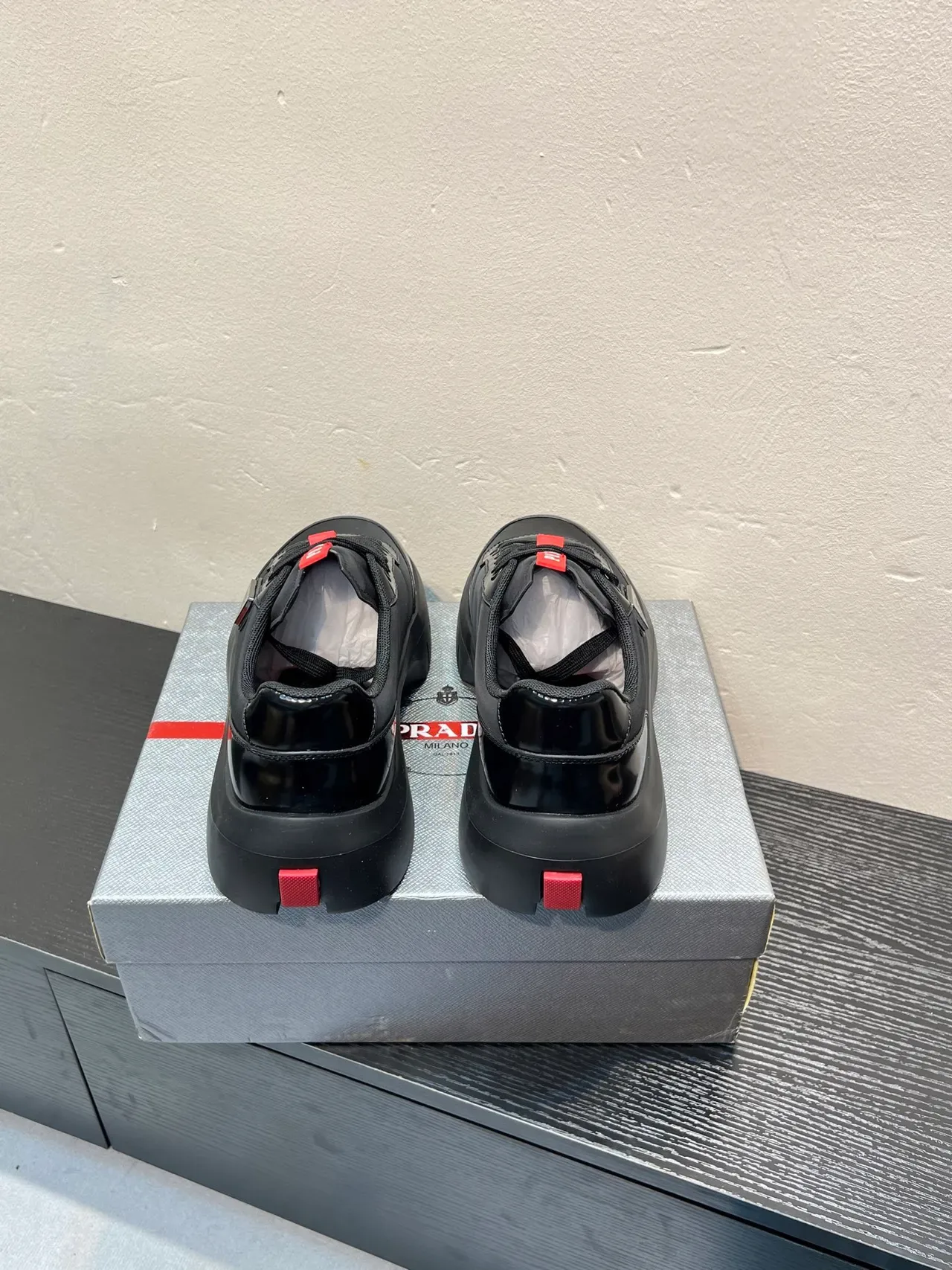 Prada Black Red Chunky Platform Sole Glossy Leather Lifestyle Sneakers 6