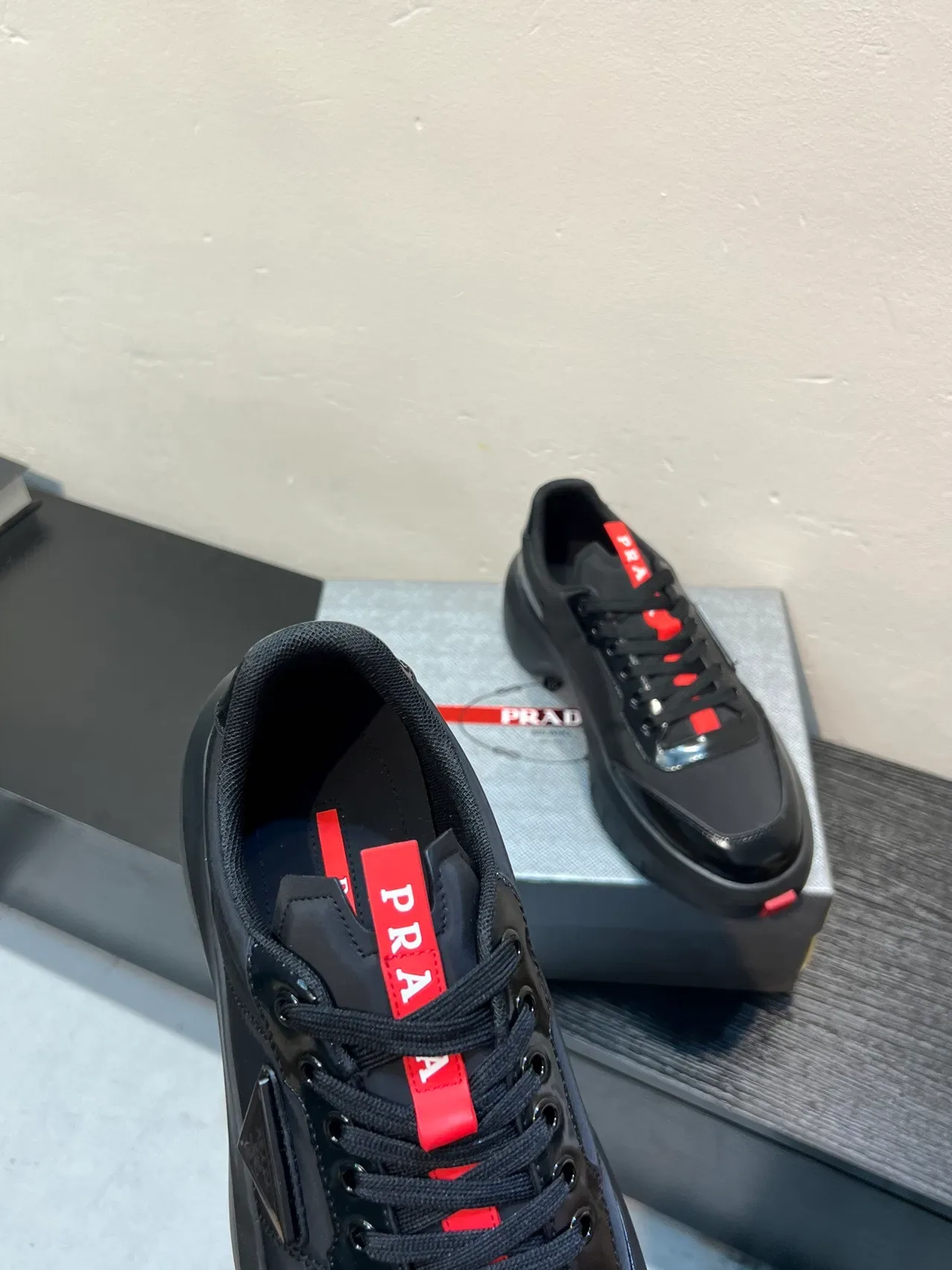 Prada Black Red Chunky Platform Sole Glossy Leather Lifestyle Sneakers 7