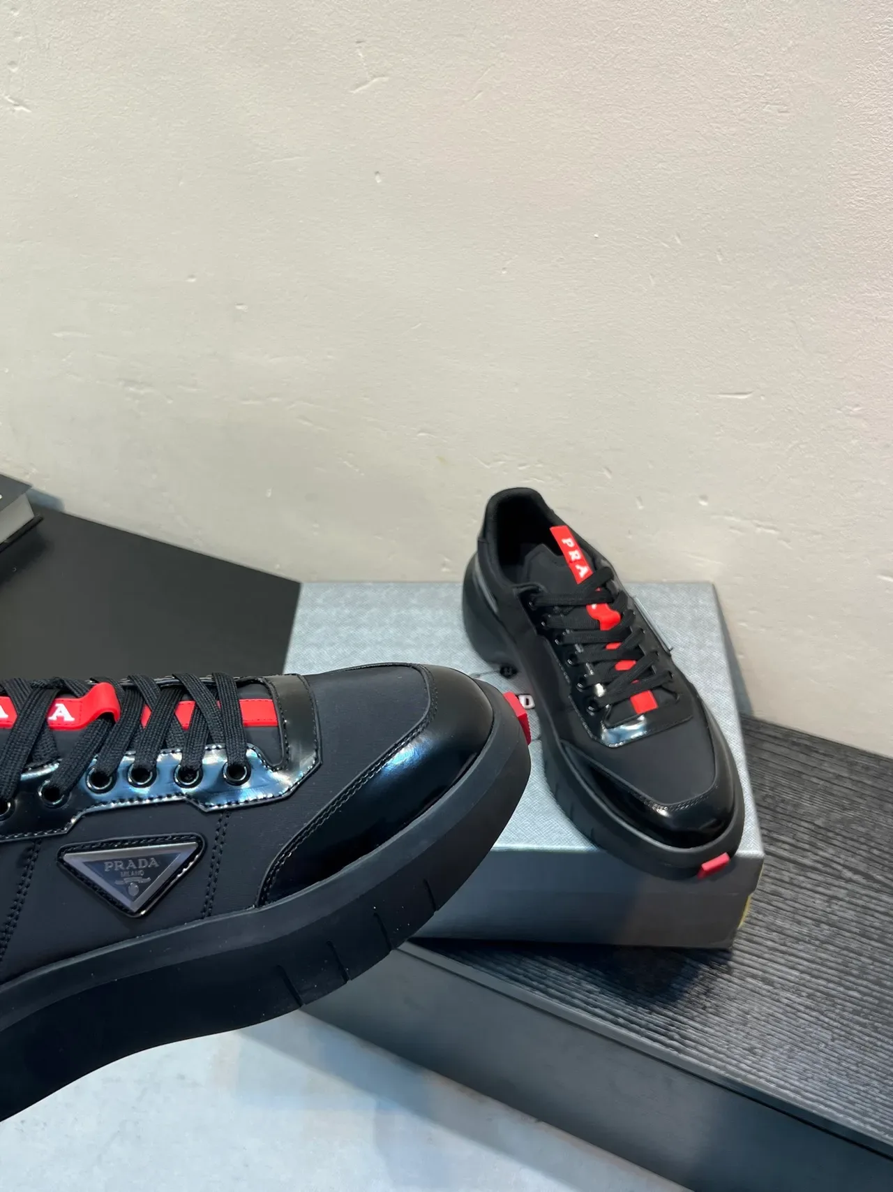 Prada Black Red Chunky Platform Sole Glossy Leather Lifestyle Sneakers 8