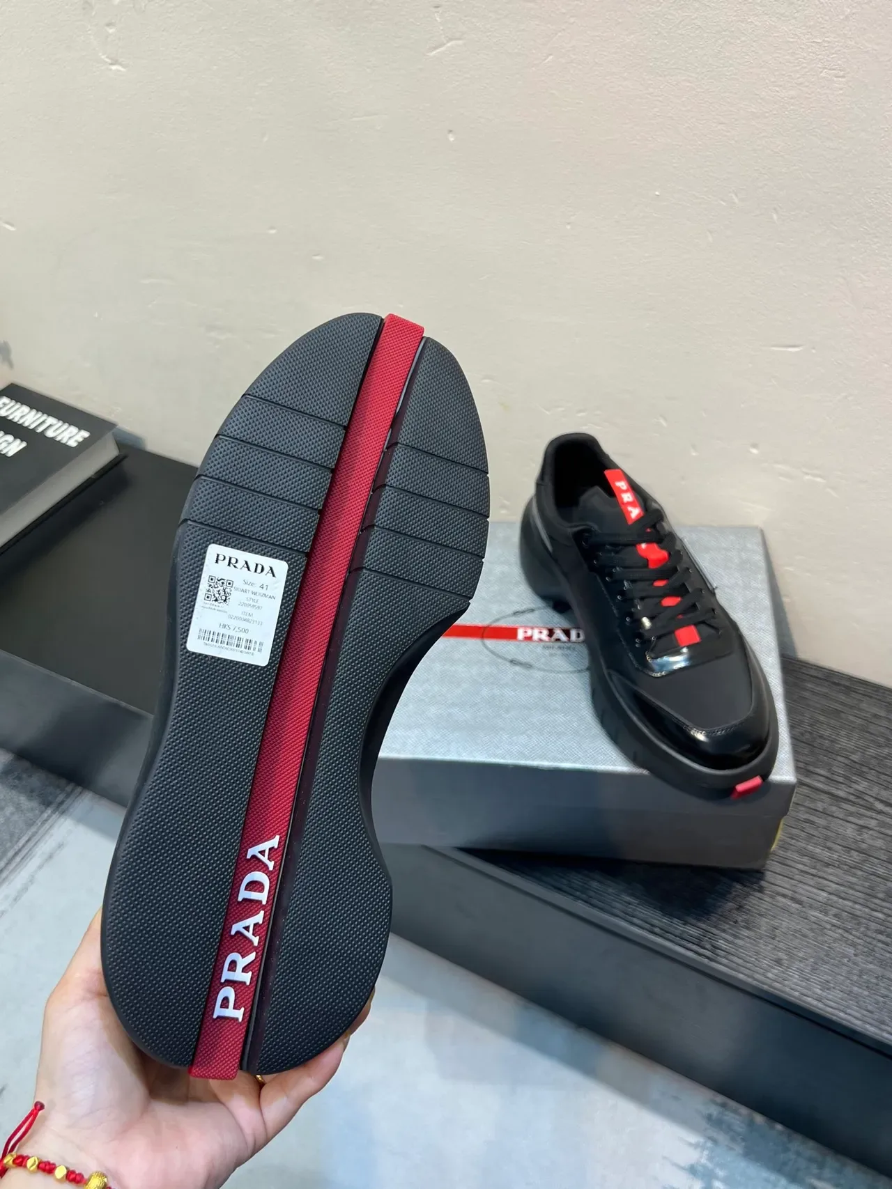 Prada Black Red Chunky Platform Sole Glossy Leather Lifestyle Sneakers 9