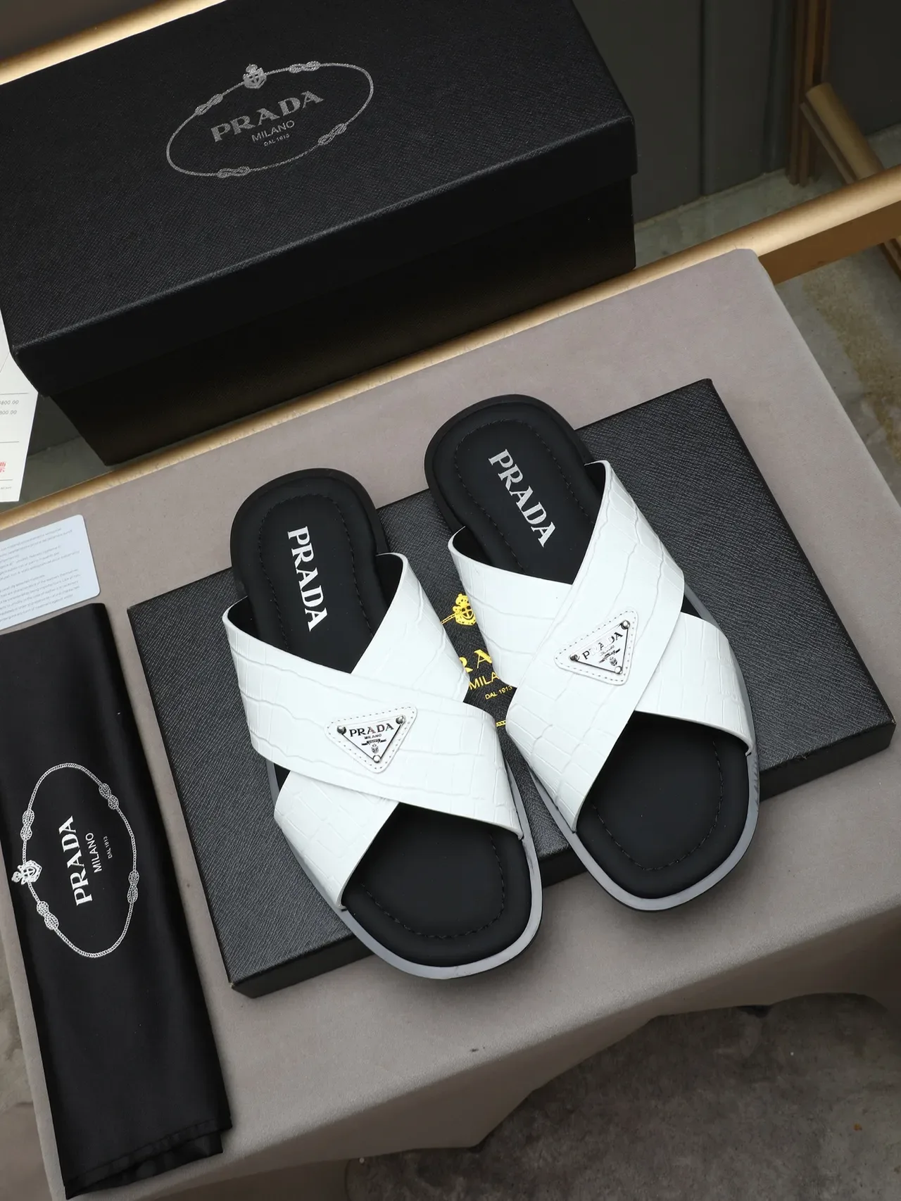 Prada Black White Cross-Strap Crocodile-Embossed Leather Casual Sandals 3
