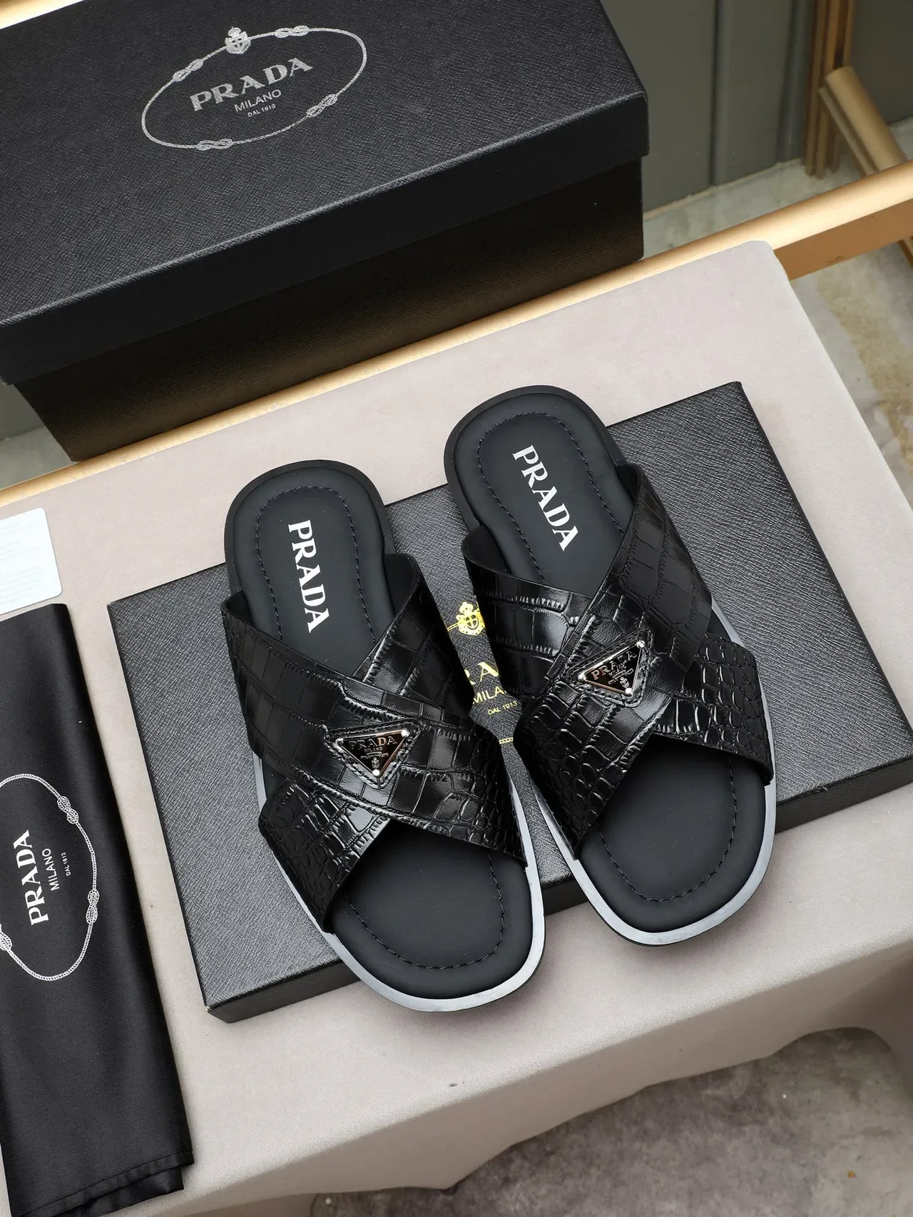 Prada Black White Cross-Strap Crocodile-Embossed Leather Casual Sandals 4