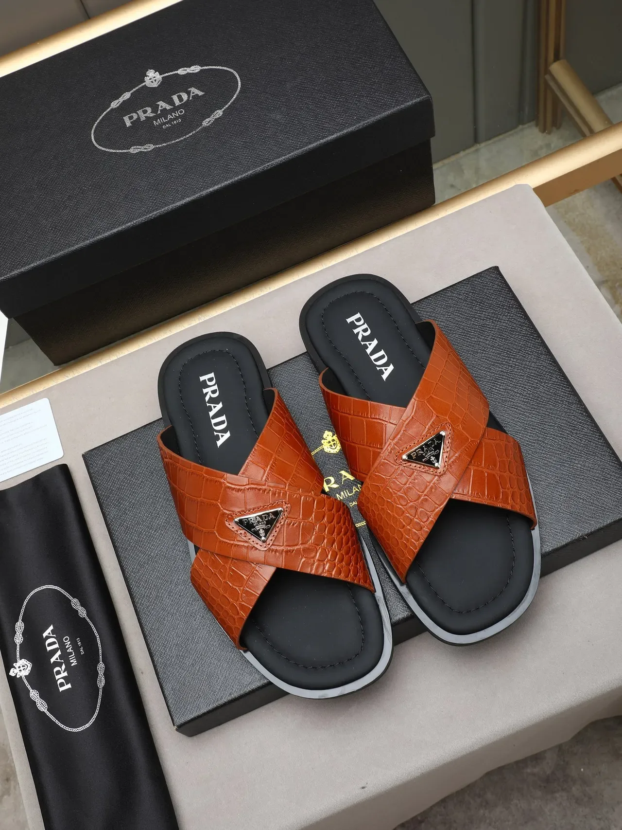 Prada Black White Cross-Strap Crocodile-Embossed Leather Casual Sandals 5