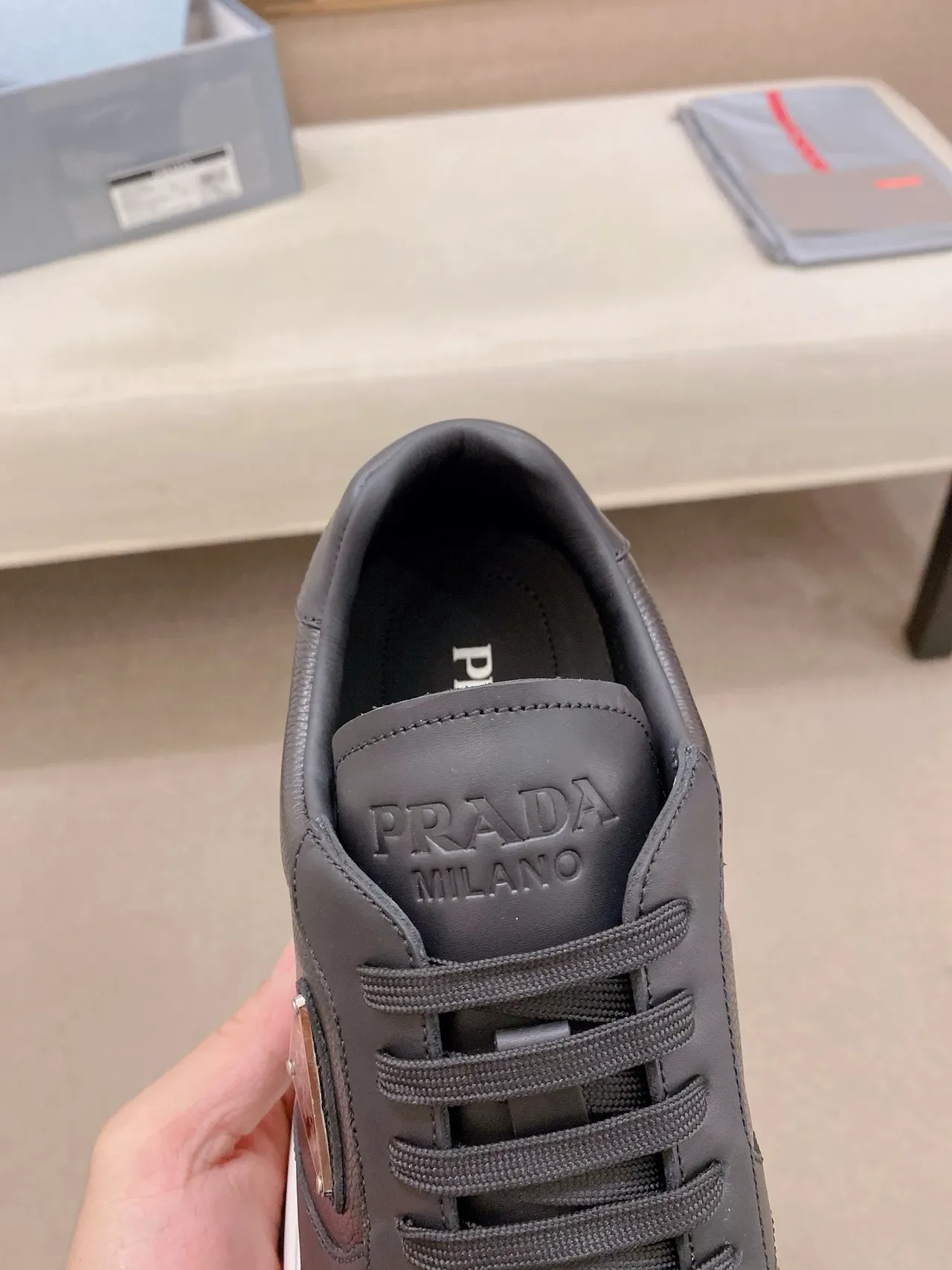 Prada Black White Paneled Leather Construction Triangular Metal Logo Plaque Lifestyle Sneakers 4