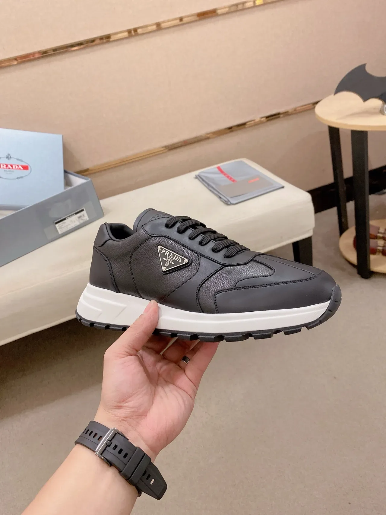 Prada Black White Paneled Leather Construction Triangular Metal Logo Plaque Lifestyle Sneakers 5