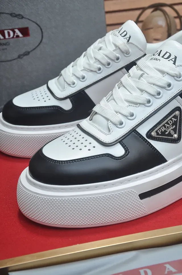 Prada Black White Two-Tone Leather Triangular Logo Plaque Lifestyle Sneakers 3