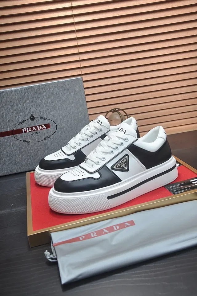 Prada Black White Two-Tone Leather Triangular Logo Plaque Lifestyle Sneakers 7