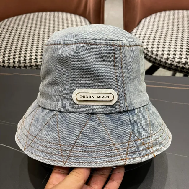 Prada Bleu Noir Construction Denim Couture Contraste Chapeau Bucket 7