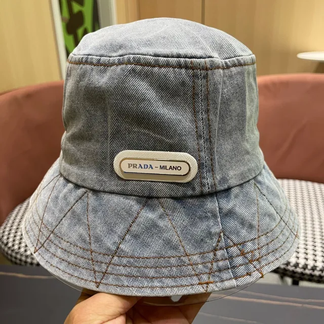 Prada Bleu Noir Construction Denim Couture Contraste Chapeau Bucket 8