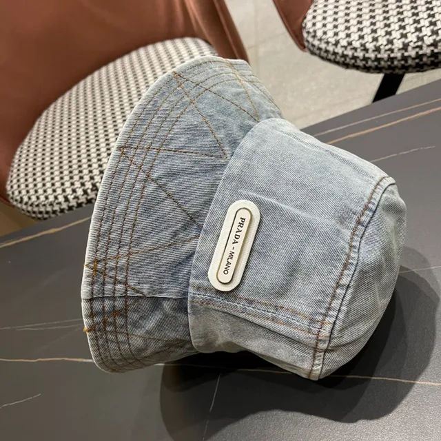 Prada Bleu Noir Construction Denim Couture Contraste Chapeau Bucket 10