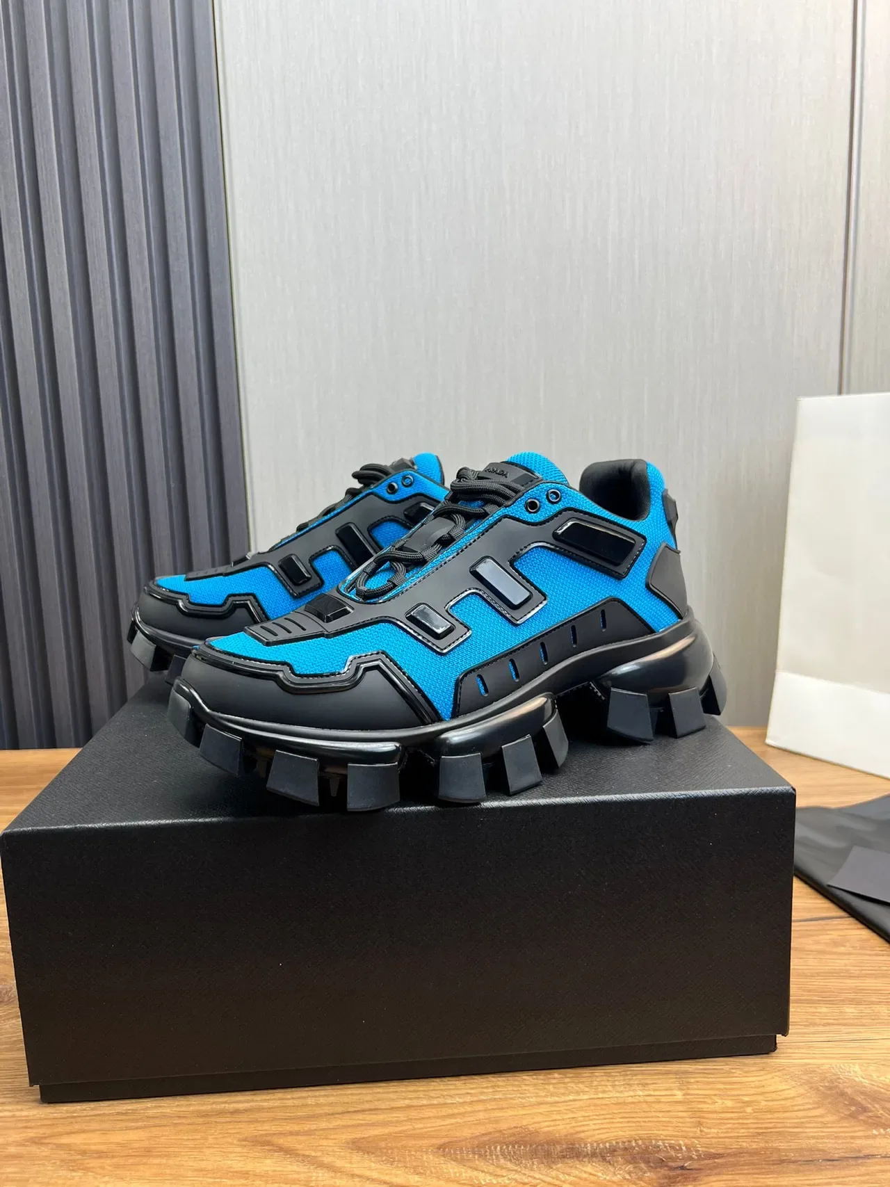 Prada Blue Black Treaded Sole Geometric Rubber Overlays Chunky Sneakers 3