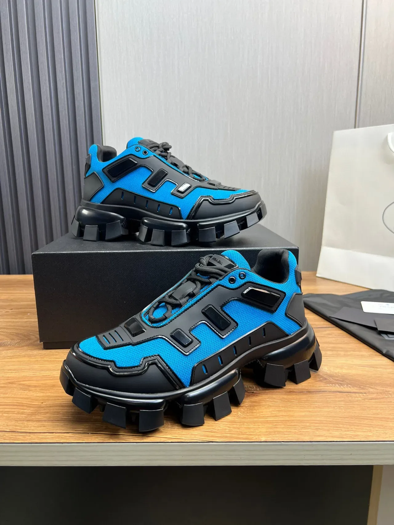Prada Blue Black Treaded Sole Geometric Rubber Overlays Chunky Sneakers 4