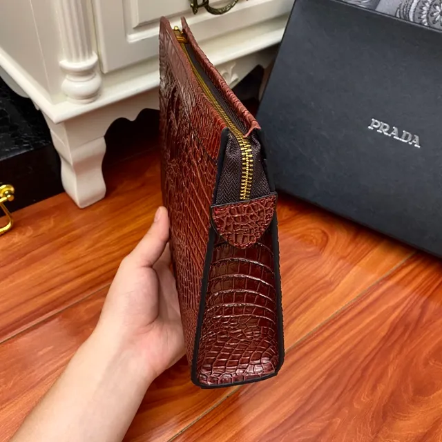 Prada Brown Crocodile-Embossed Envelope Clutch 3