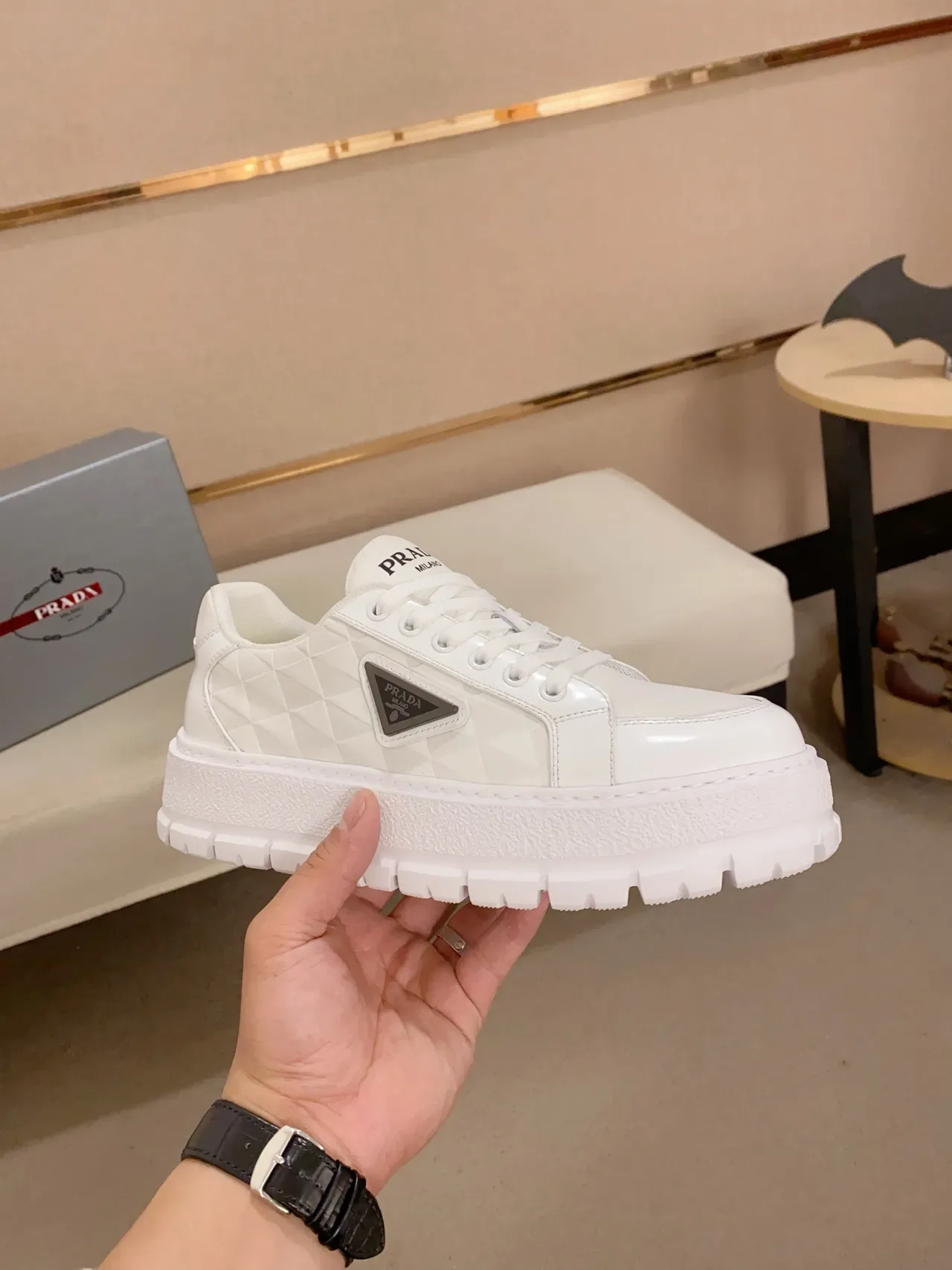 Prada Cloudbust All-White Quilted Platform Lifestyle Sneakers 4