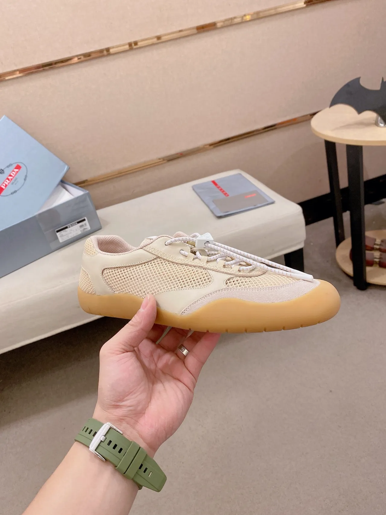 Prada Cloudbust Beige Brown Mesh-and-Leather Upper Gum Rubber Sole Lifestyle Sneakers 4