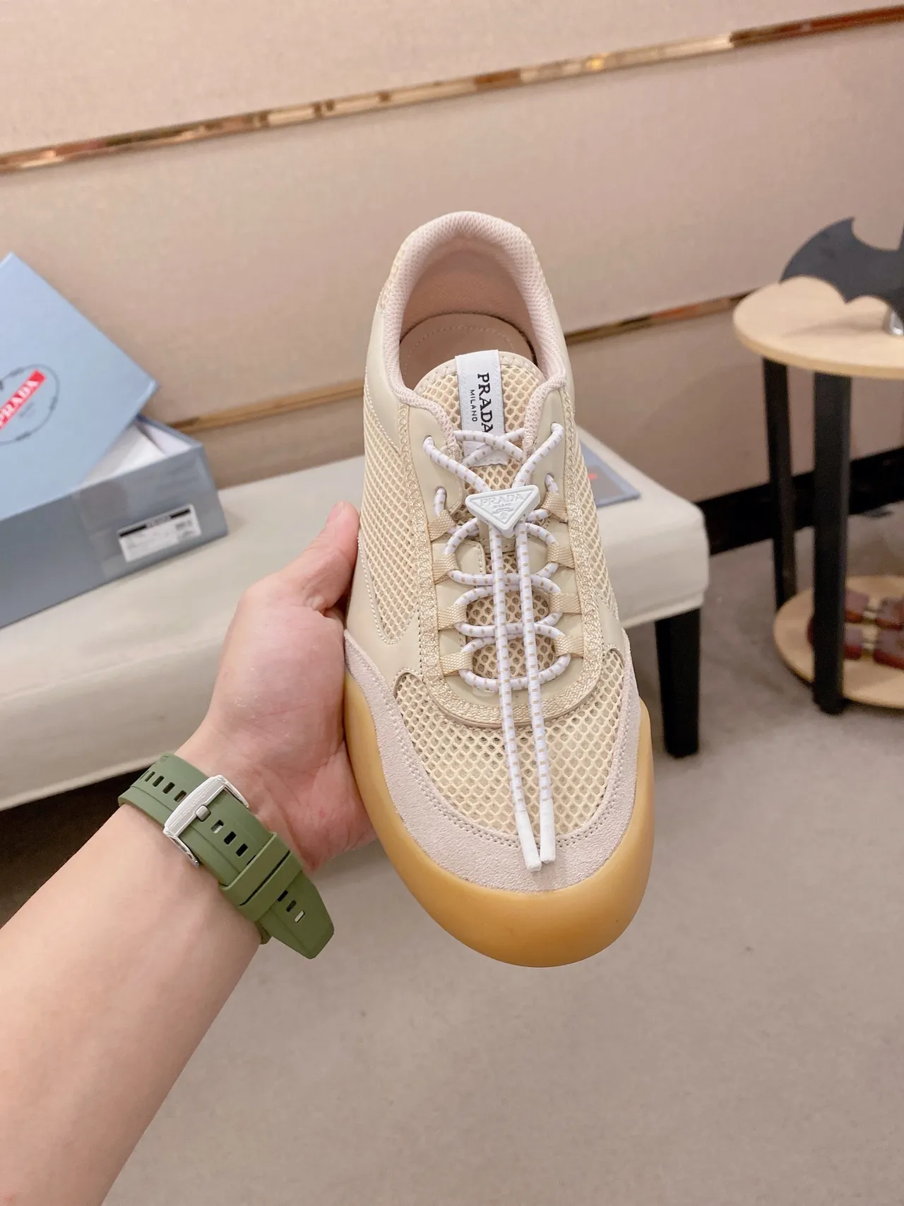 Prada Cloudbust Beige Brown Mesh-and-Leather Upper Gum Rubber Sole Lifestyle Sneakers 5