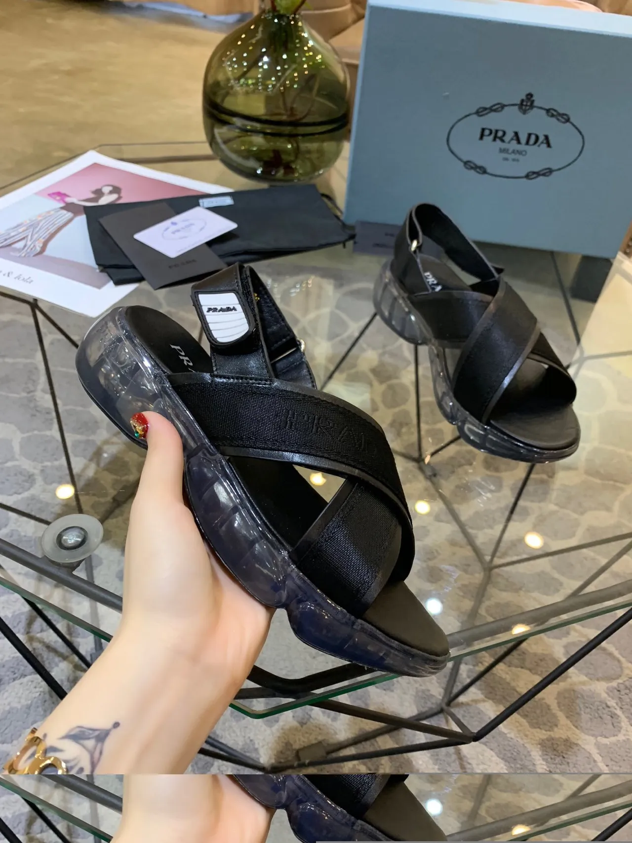 Prada Cloudbust Black and Transparent Gladiator Sandals 2
