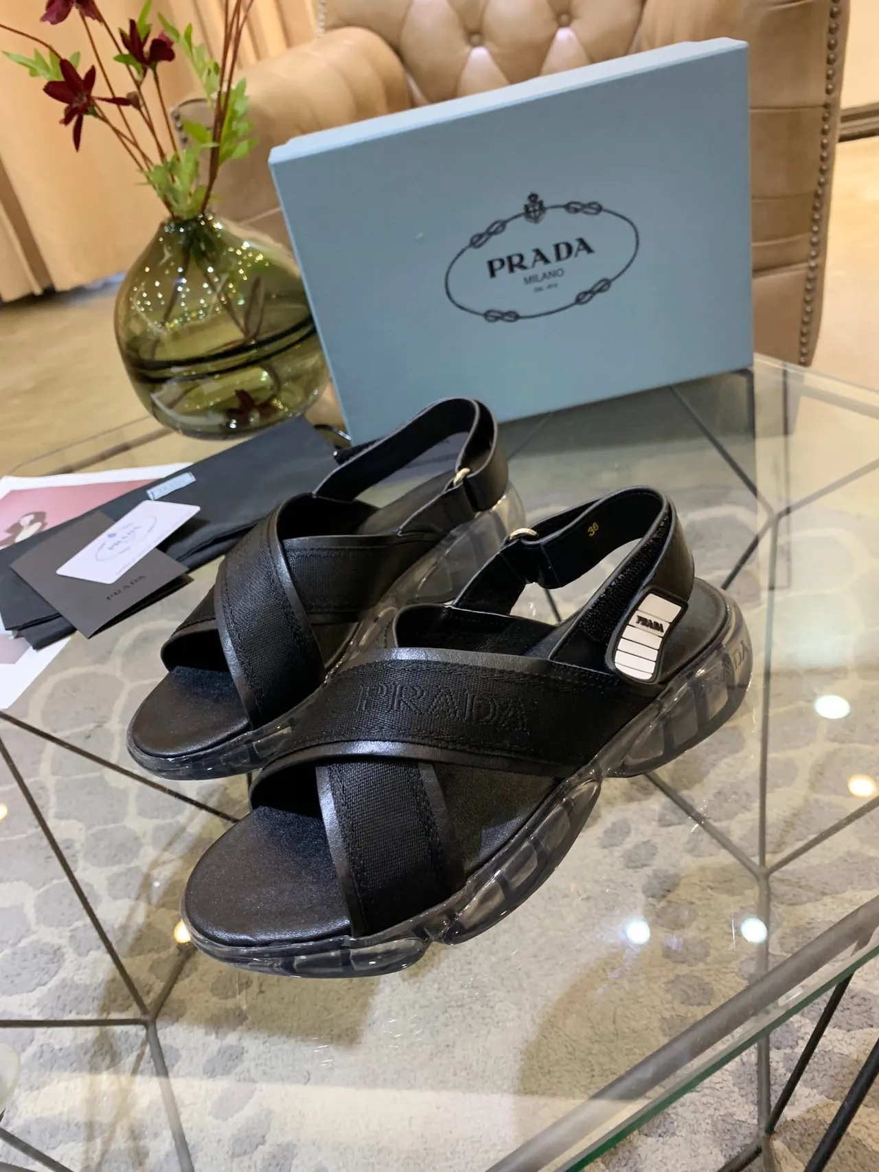 Prada Cloudbust Black and Transparent Gladiator Sandals 3