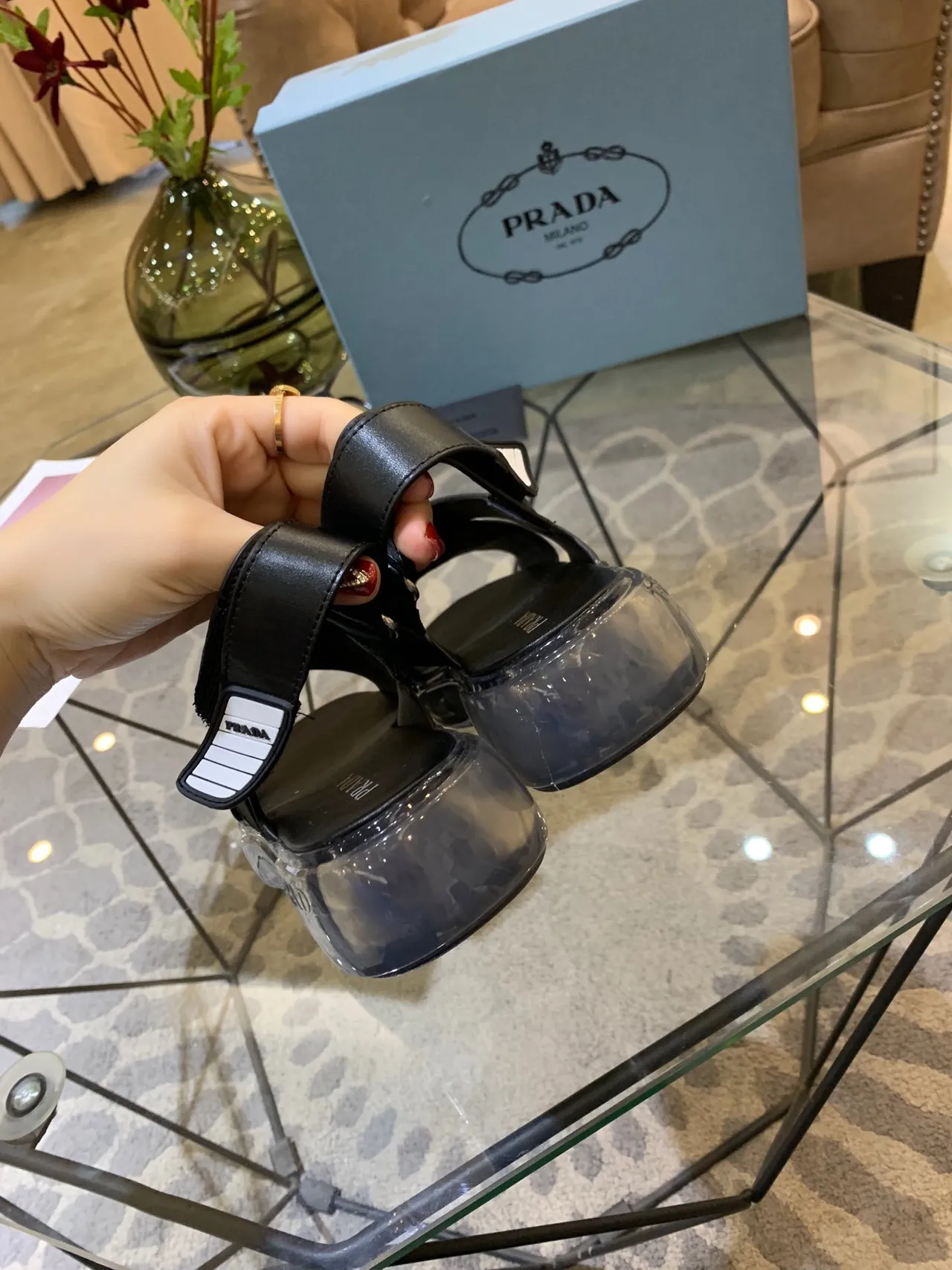 Prada Cloudbust Black and Transparent Gladiator Sandals 5