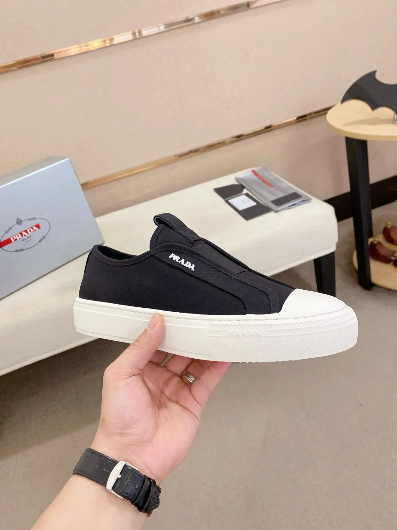 Prada Cloudbust Black and White Slip-On Lifestyle Sneakers 5