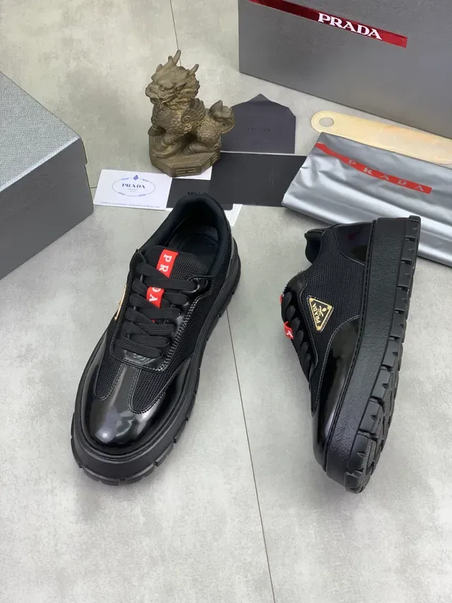 Prada Cloudbust Black Red Platform Sole Patent Leather Overlay Chunky Sneakers 5