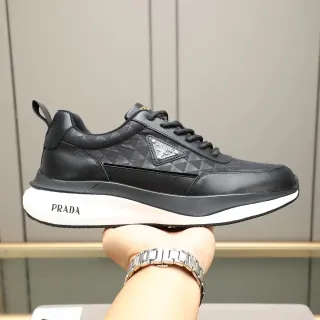 Prada Cloudbust Black White Leather Upper Geometric Jacquard Panel Lifestyle Sneakers
