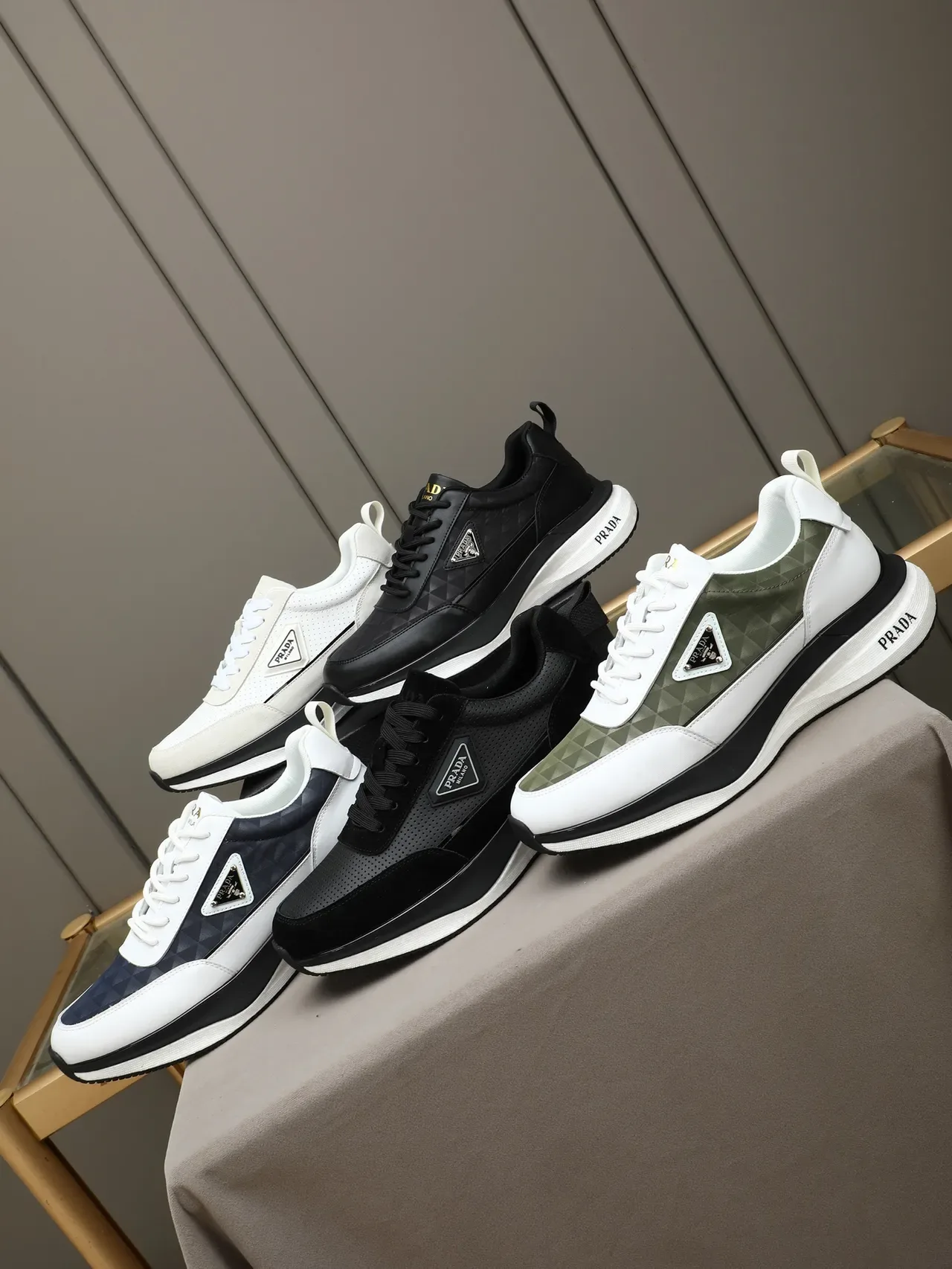 Prada Cloudbust Black White Leather Upper Geometric Jacquard Panel Lifestyle Sneakers 2