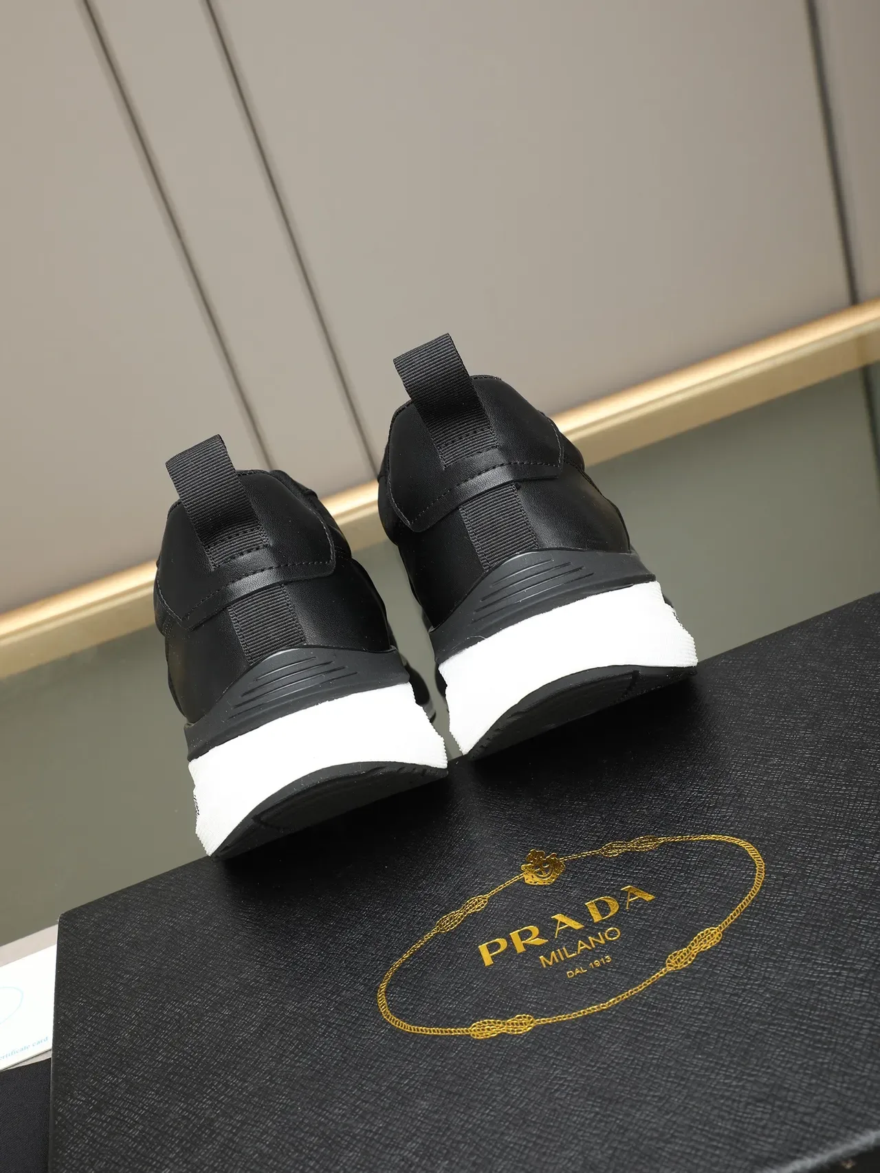 Prada Cloudbust Black White Leather Upper Geometric Jacquard Panel Lifestyle Sneakers 3