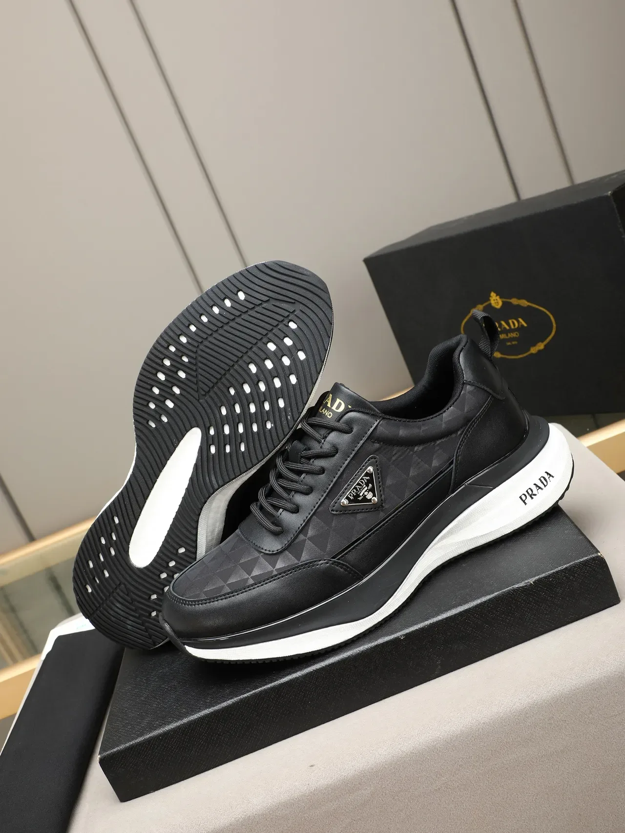 Prada Cloudbust Black White Leather Upper Geometric Jacquard Panel Lifestyle Sneakers 4