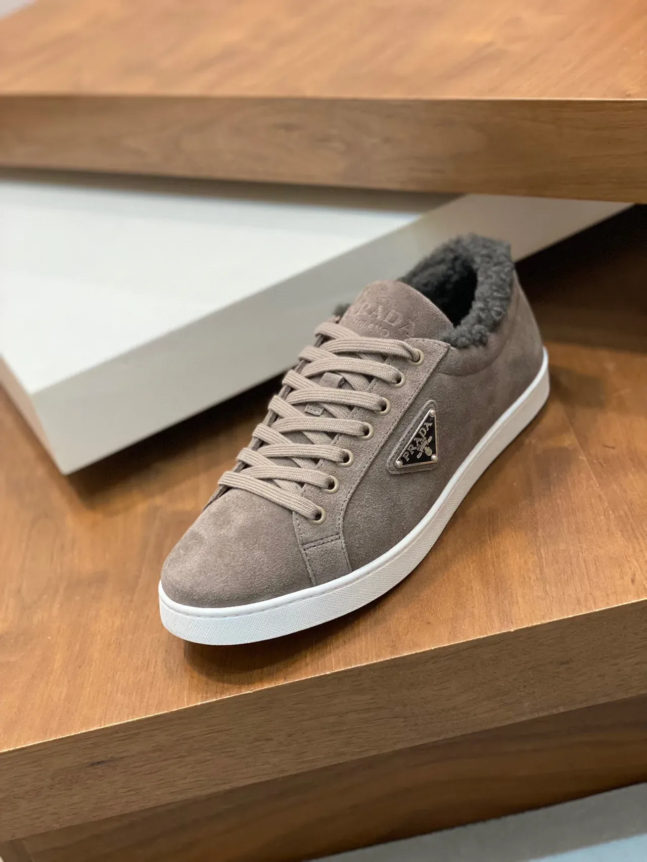 Prada Cloudbust Brown White Suede Upper Shearling-Lined Collar Lifestyle Sneakers 5
