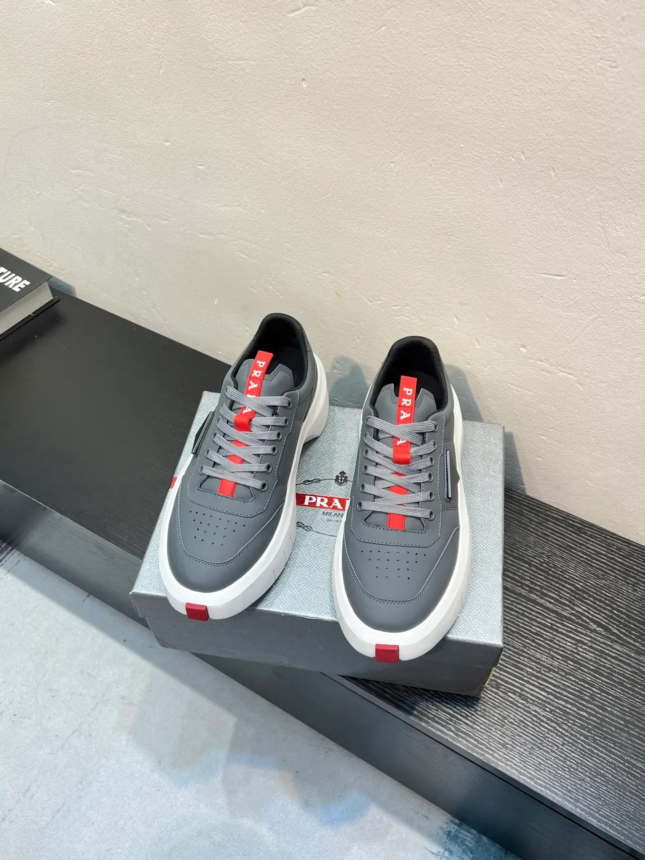 Prada Cloudbust Gray and Red Platform Lifestyle Sneakers 2